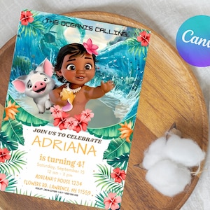 May include: A colorful invitation with a tropical theme. It features a cartoon girl, a pig, and floral elements. The text reads "The Oceanis Calling" and "Join us to celebrate Adriana is turning 4!"