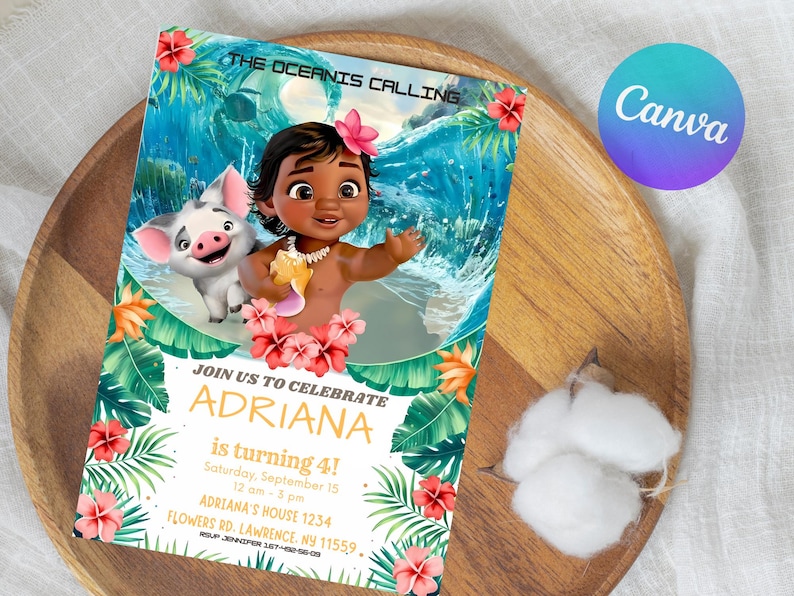 May include: A colorful invitation with a tropical theme. It features a cartoon girl, a pig, and floral elements. The text reads "The Oceanis Calling" and "Join us to celebrate Adriana is turning 4!"