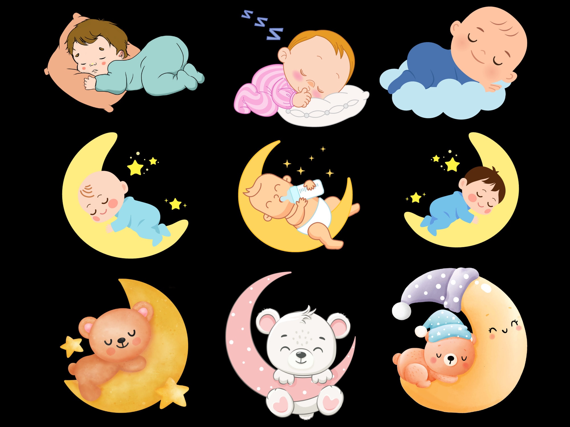 baby sleeping on bownsor (2020 原画) Baby Sleeping on the Moon, Bear on Moon SVG, Teddy Bear