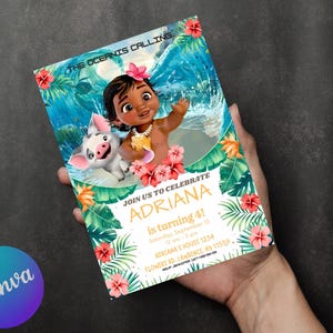 May include: A colorful invitation featuring a cartoon character with a pig, tropical flowers, and the text "The Oceanis Calling." The invitation is for a birthday party, with the name "ADRIANA" and the age "4!" printed on it.