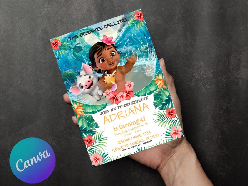 May include: A colorful invitation featuring a cartoon character with a pig, tropical flowers, and the text "The Oceanis Calling." The invitation is for a birthday party, with the name "ADRIANA" and the age "4!" printed on it.