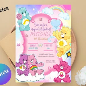 Faire-part d'anniversaire oursons de soins, invitation de fête d'anniversaire modifiable imprimable, modèle numérique d'invitation de fête, carte d'invitation oursons de soins