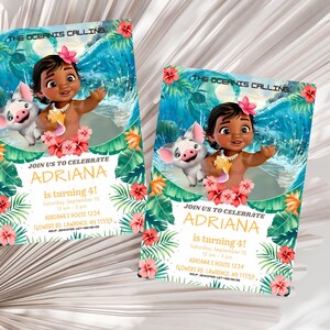 May include: Two invitations featuring a cartoon girl with a pig, surrounded by tropical flowers and foliage. The text "THE OCEAN IS CALLING" and "JOIN US TO CELEBRATE ADRIANA is turning 4!" are displayed on the invitations.