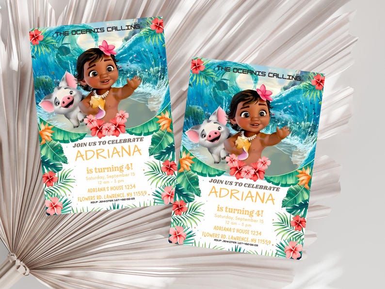 May include: Two invitations featuring a cartoon girl with a pig, surrounded by tropical flowers and foliage. The text "THE OCEAN IS CALLING" and "JOIN US TO CELEBRATE ADRIANA is turning 4!" are displayed on the invitations.
