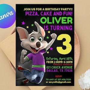 Puede incluir: Invitación de cumpleaños con un personaje de ratón de dibujos animados. La invitación incluye el texto "¡Únete a nuestra fiesta de cumpleaños! ¡Pizza, pastel y diversión!" y el nombre "Oliver" con el número "3". La invitación también incluye la fecha, hora y lugar.