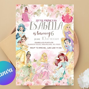 Watercolor Princess Birthday Invitation, Princess Invitation, Princess Party Invitation, Girl Princesses Invite, Gold Pastel, Editable Canva