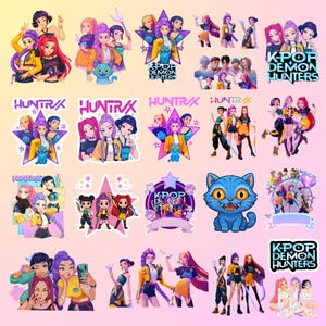 May include: A collection of colorful stickers featuring anime-style illustrations of female characters in various poses. Some stickers include text such as "K-POP DEMON HUNTERS" and "HUNTRAX". The designs incorporate stars, a blue cat, and a purple heart.