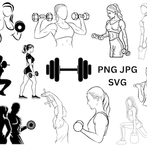 Chica fitness svg, mujer negra svg, paquete de chicas fitness, gimnasio, clipart de chicas de gimnasio, paquete SVG de entrenamiento, mujer con barra, svg de culturismo