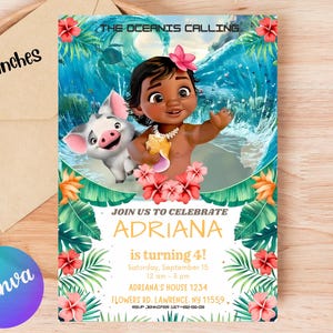 May include: A 5x7 inch invitation card featuring a cartoon character and a pig, with the text "THE OCEANIS CALLING". The invitation is for Adriana's 4th birthday, with details including the date, time, and location.