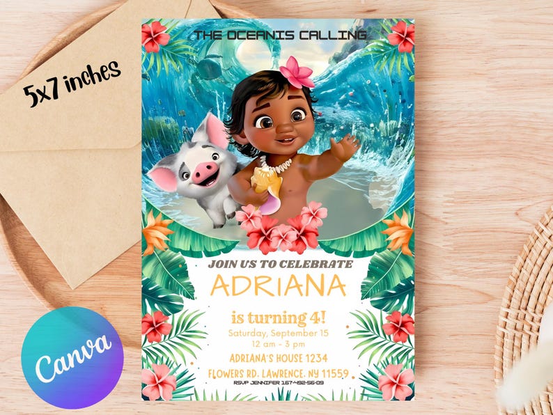 May include: A 5x7 inch invitation card featuring a cartoon character and a pig, with the text "THE OCEANIS CALLING". The invitation is for Adriana's 4th birthday, with details including the date, time, and location.
