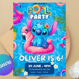Invito di compleanno per ragazza a Stitch Pool Party, invito a Stitch modificabile, invito per festa alle Hawaii, invito di compleanno tropicale per festa per ragazza
