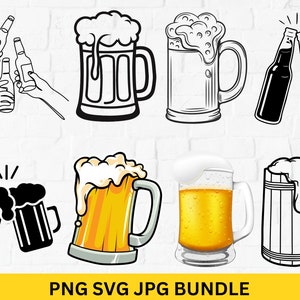 May include: A set of 8 digital clipart images featuring beer mugs and bottles in various styles. The images include black and white line art, colour illustrations, and a combination of both. The images are perfect for creating craft projects, party decorations, and more.