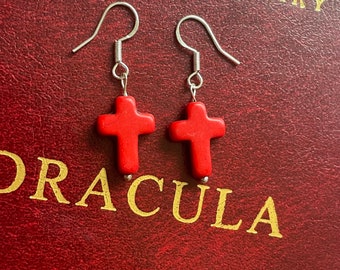 Red Howlite cross earrings with 925 silver hooks