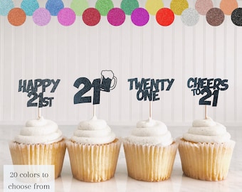 21st Birthday Cupcake Toppers, 21st Birthday Decorations, Cheers to 21 Cake Topper, Happy 21st Birthday, Birthday Cupcakes