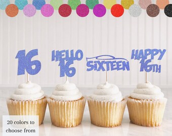 16th Birthday Cupcake Toppers, Happy Birthday Cake Toppers, Glitter Cake Toppers, Teen Birthday, Boy/Girl Birthday, 16th Birthday Decor