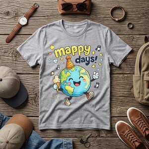 以下が含まれることがあります： 「Mappy Days!」の黄色い文字と、パーティーハットをかぶり、アイスクリームコーンを持った漫画の地球のキャラクターが描かれたライトグレーのTシャツ。 地球のキャラクターは笑顔で、周りには音符があります。