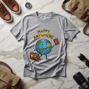 以下が含まれることがあります： 「Mappy Anywhere」の文字と、パスポートとスーツケースを持った漫画の地球が描かれたヘザーグレーのTシャツ。 地球は青と緑で、笑顔の顔をしています。 旅行用のアクセサリーがシャツの周りにあります。