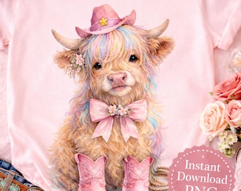 Vaca das Terras Altas em Aquarela, PNG de Vaqueira do Oeste, PNG de Vaqueira Ocidental, Design de Sublimação de Vaca Ocidental, Clipart de Animal de Fazenda Fofo, PNG de Vaqueira Pastel