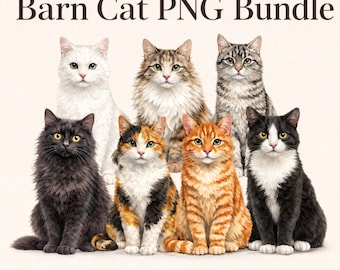 Pacote de PNGs de Gatos de Celeiro, Clipart de Gatos de Fazenda, Conjunto de 7 PNGs de Gatos, Gato Laranja Tabby, Gato Preto e Branco, Gato Tricolor, Clipart de Gato Rústico de Fazenda, PNG para Sublimação