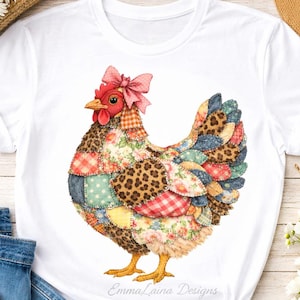 Patchwork Chicken PNG, Leopard Print Farm Hen, Floral Quilt Design, Coquette Bow Rustic Farmhouse Sublimation Download