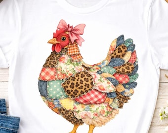 PNG de galinha patchwork, galinha de fazenda com estampa de leopardo, design de colcha floral, download de sublimação rústica de fazenda com laço coquette