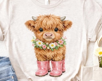 Vaca das Terras Altas fofa em PNG com botas de chuva, PNG de animal de fazenda em aquarela, design de vaca para sublimação, clipart de vaca do campo, download instantâneo