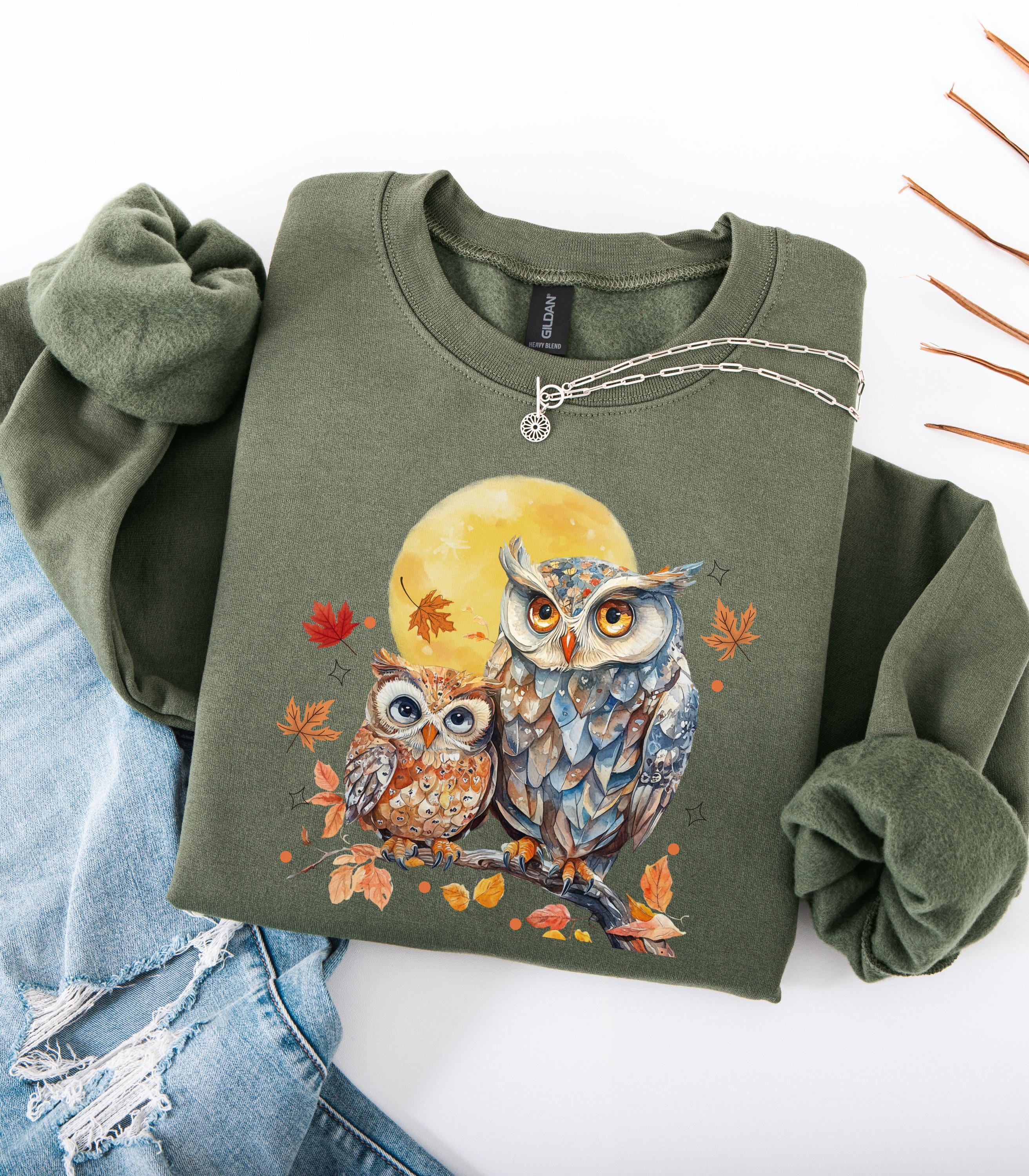 Fall Owl with Moonlight Sweatshirt, Women's Owl Pullover, Nature Wildlife Lover Gift, Cozy Cotta