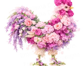 Aquarel bloemen haan png | Roze bloem kip sublimatie, boerderij haan clipart, rustiek boerderijdieren ontwerp, decor landelijke keuken