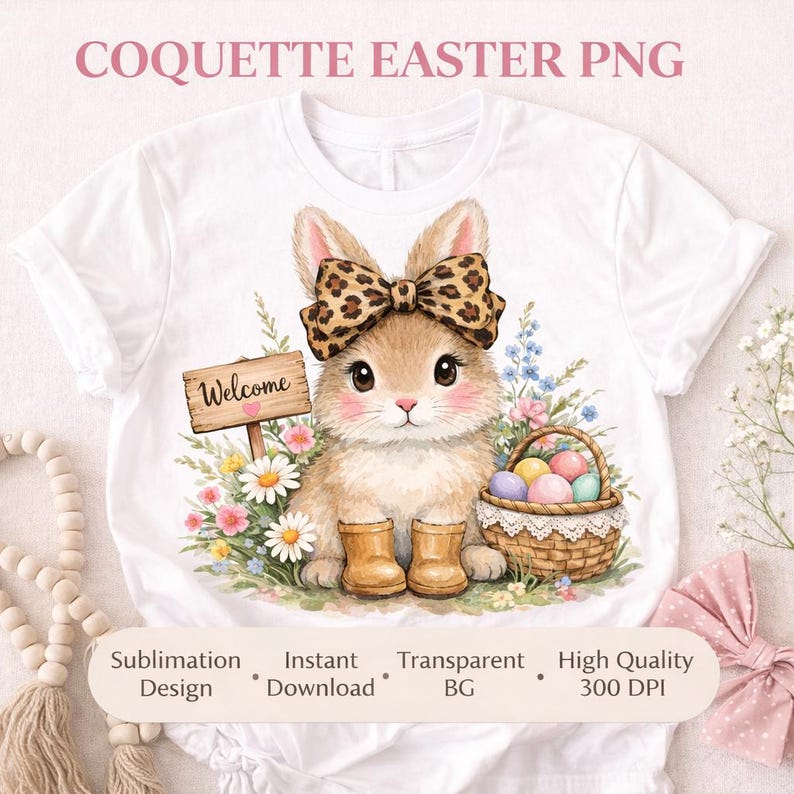 Pode incluir: Camiseta branca com uma ilustra&ccedil;&atilde;o em aquarela de um coelhinho da P&aacute;scoa com um la&ccedil;o de estampa de leopardo, botas e uma placa de boas-vindas. Uma cesta de ovos de P&aacute;scoa tamb&eacute;m &eacute; mostrada. O texto "Coquette Easter PNG" est&aacute; no topo.