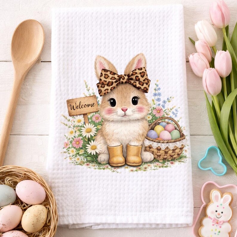 Pode incluir: Toalha de cozinha branca com tecido de waffle com um coelho de desenho animado com um la&ccedil;o de estampa de leopardo e botas, e uma placa de "Bem-vindo". O coelho est&aacute; rodeado por flores e uma cesta de ovos de P&aacute;scoa. Uma colher de pau e uma cesta de ovos tamb&eacute;m s&atilde;o vis&iacute;veis.