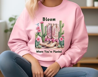 Coquette Cowgirl Sweatshirt, Western Crew Neck Sweat Shirt, Pink Bow, Cowgirl Boots, Cowboy Boots,Coquette Aesthetic, Trendy Bow Sweatshirt
