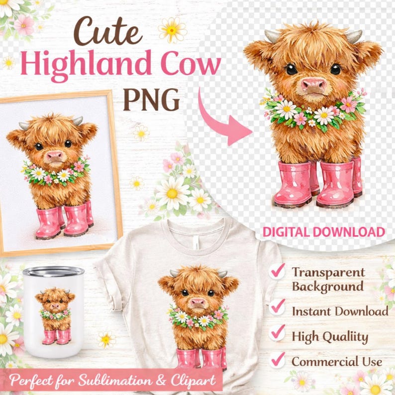 Cute Highland Cow PNG With Rain Boots, Watercolor Farm Animal PNG, Cow ...