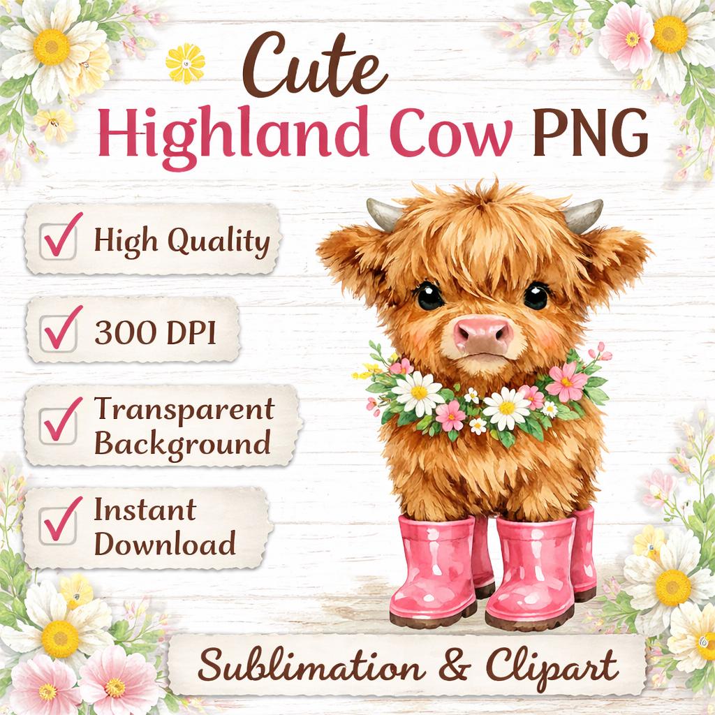 Cute Highland Cow PNG With Rain Boots, Watercolor Farm Animal PNG, Cow ...