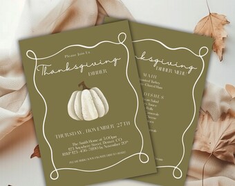 Dark Green Thanksgiving Invitation | White Pumpkin Dinner Menu (Digital Download)