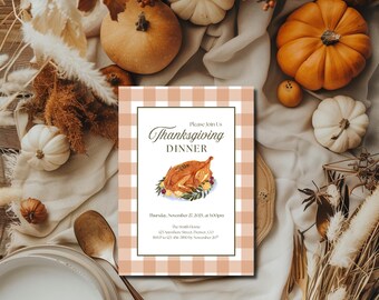 Orange Plaid Thanksgiving Invitation Printable 5x7 | Thanksgiving Invite + Evite | Editable Canva Template | Friendsgiving Invitation