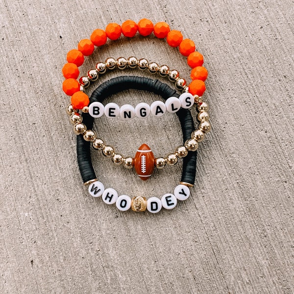 Cincinnati Bengals Personalized Beaded Bracelet Set with Football - Who Dey Fan Jewelry- NFL