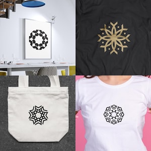 Pode incluir: Três produtos diferentes com um design geométrico em preto e branco. Uma impressão emoldurada do design, uma bolsa tote com o design impresso nela e uma camiseta branca com o design impresso nela.