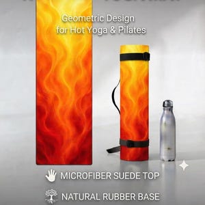 Peut inclure: Un tapis de yoga rectangulaire et un tapis de yoga enroulé avec une sangle noire, tous deux avec un motif de flammes orange et rouge. Une bouteille d'eau argentée est présente. Texte : SOUTHWESTERN NON-SLIP YOGA MAT, Geometric Design for Hot Yoga & Pilates, MICROFIBER SUEDE TOP, NATURAL RUBBER BASE, TAP TO SHOP THE COLLECTION.