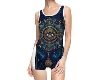 Traje de baño místico con ojo que todo lo ve / Traje de baño corto tipo short con mandala cósmico vintage