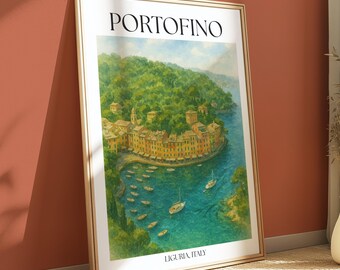 Impressão de viagem de Portofino - Pôster da Itália - Arte de parede italiana - Decoração de parede de Portofino - Impressão costeira da Itália - Decoração de casa mediterrânea