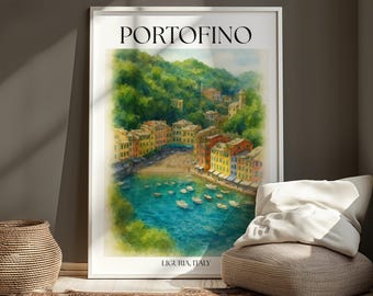 Poster di Portofino - Arte murale costiera italiana - Stampa della Riviera italiana - Decorazioni da viaggio di Portofino - Opera d'arte colorata del villaggio di Portofino