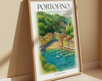 Poster di Portofino - Arte murale costiera italiana - Stampa della Riviera italiana - Decorazioni da viaggio di Portofino - Opera d'arte colorata del villaggio di Portofino