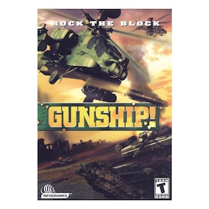 Könnte beinhalten: Ein Videospiel-Cover für Gunship! Rock the Block, mit einem grünen Hubschrauber, der über eine zerstörte Stadt fliegt. Das Spiel ist von der ESRB mit T für Teenager bewertet.