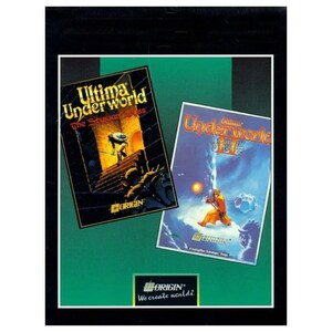 May include: Two video game box covers for Ultima Underworld and Ultima Underworld II. The covers feature fantasy artwork with a green and black background. The text on the covers reads "Ultima Underworld The Stygian Abyss" and "Ultima Underworld II Labyrinth of Worlds". The Origin logo is visible on both covers.