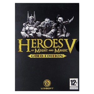 以下が含まれることがあります： 「Heroes V of Might and Magic Gold Edition」と金色の文字で書かれた黒い箱。箱には12歳以上対象のロゴとUbisoftのロゴが記載されています。箱には、騎士、ドワーフ、バーバリアンの3人のファンタジーキャラクターの画像が描かれています。