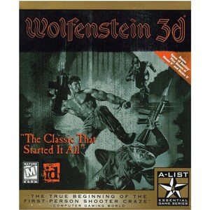 May include: A video game box cover for Wolfenstein 3D, a first-person shooter game. The cover features a muscular man in a green military uniform holding a gun and fighting against a Nazi soldier. The text on the cover reads "Wolfenstein 3D" and "The Classic That Started It All".