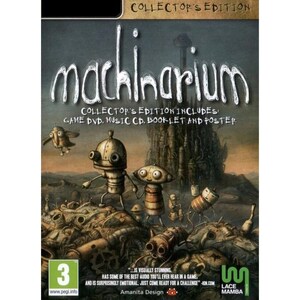 Peut inclure: Boîte de jeu Machinarium Édition Collector. La couverture présente le titre du jeu dans une police stylisée, avec des illustrations de personnages robots et un paysage mécanique. Inclut DVD du jeu, CD de musique, livret et affiche.