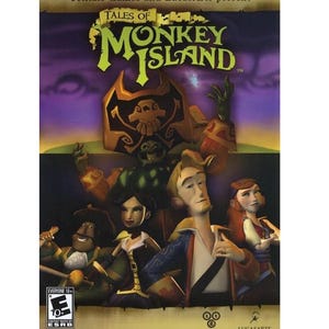 May include: A video game cover for Tales of Monkey Island featuring a group of animated characters, including a central figure with blonde hair, a dark-haired person, and a pirate, with the title text at the top and an ESRB Everyone 10+ rating.