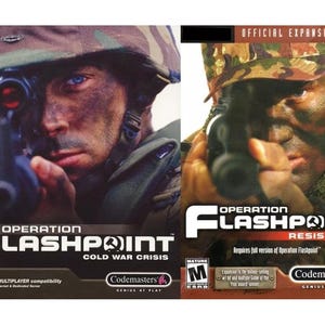 May include: Two video game boxes. The left box shows a soldier aiming a gun, with the title "Operation Flashpoint: Cold War Crisis." The right box is "Operation Flashpoint: Resistance."