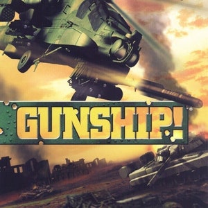 Könnte beinhalten: Ein Videospielcover mit einem grünen Militärhubschrauber, der eine Rakete abfeuert. Der Titel "GUNSHIP!" ist in großen gelben Buchstaben dargestellt. Der Text "ROCK THE BLOCK" steht in weißen Buchstaben oben auf dem Cover. Das Spiel ist von der ESRB als "TEEN" eingestuft.